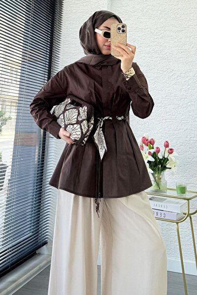 MELEK ARAZ Πουκάμισο-τουνίκ Premium με λεπτομέρεια φουλάρι και κορδέλα - Καφέ