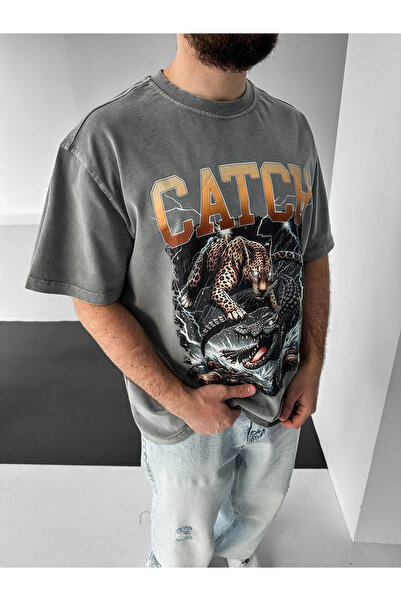 NO1 KONSEPT Γκρι μπλουζάκι με στάμπα λεοπάρ, υπερμεγέθη, πλενόμενο