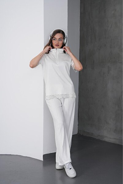 MODAMERSİ Γυναικείο Σετ με Λεπτομέρεια από Λευκή Δαντέλα και Μισό Φερμουάρ