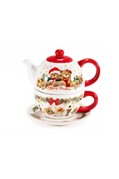 Decorer Πολύχρωμο Κεραμικό Σετ Τσαγιέρας και Φλιτζανιών Χριστουγεννιάτικο