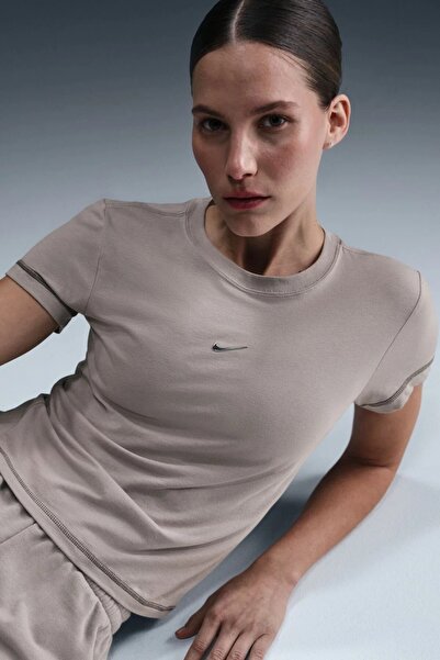 Nike Chill Knit Crop Womens SS Crew Metal Swoosh Kadın Crop Bej
