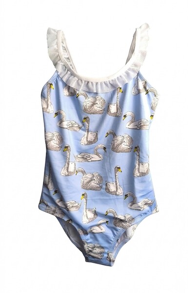 LOOK ME Swan Patterned Fairytale Design Girls' Swimsuit with Mesh Shoulders