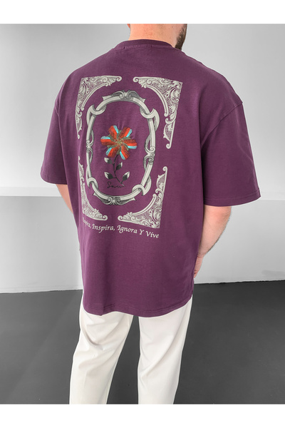 NO1 KONSEPT Μωβ Oversize Κεντημένο Vintage T-Shirt με Λουλουδάτο Σχέδιο Premium