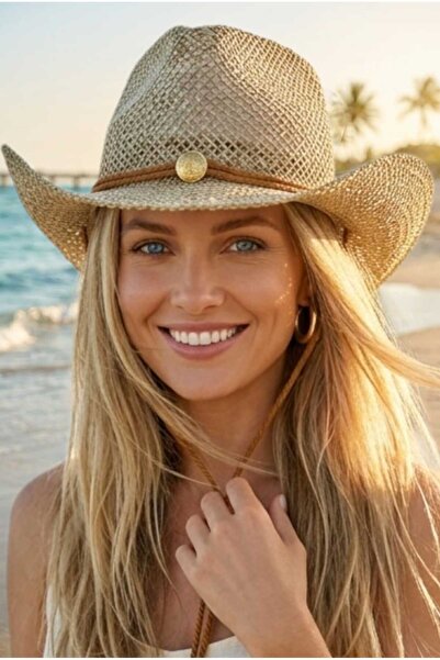 Mood Agenda Γυναικείο καπέλο καουμπόισσας σε μπεζ χρώμα με ψάθινο ύφασμα, μπο...