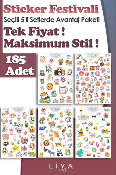 LiyaCraft Sticker Festivali Avantaj Paketi - 185 Parça Kawaii Kedi, Tatlı Atı...