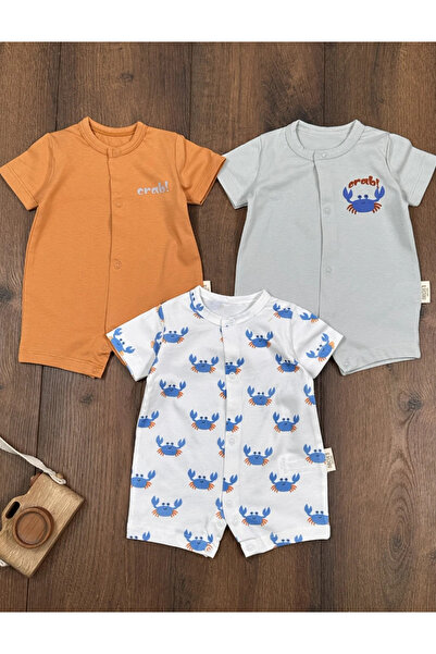 Bolly Baby Yengeç Baskılı Çıtçıtlı Yazlık 3lü Yenidoğan Erkek Bebek Tulum Set