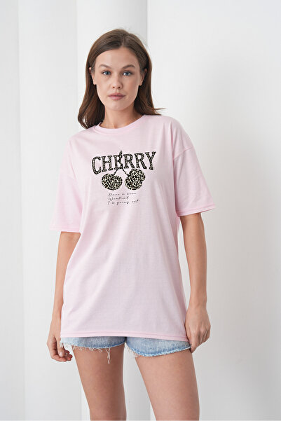 caddekombin Μπλουζάκι με λεοπάρ σχέδιο και στάμπα κεράσι, από βαμβακερό χτενι...