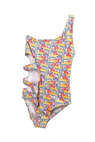LOOK ME Multi-Colored Fish Illustration Patterned Asymmetrical Cut Side Tripl...