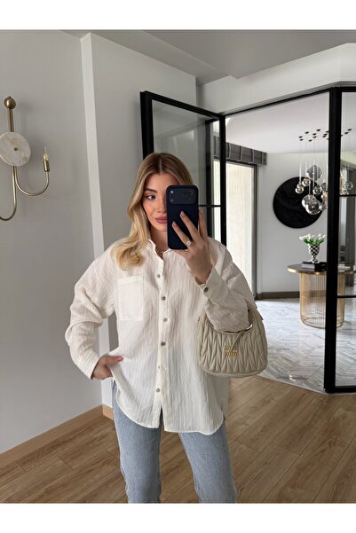 CKBUTİK Beyaz Oversize Dokulu Gömlek-5000