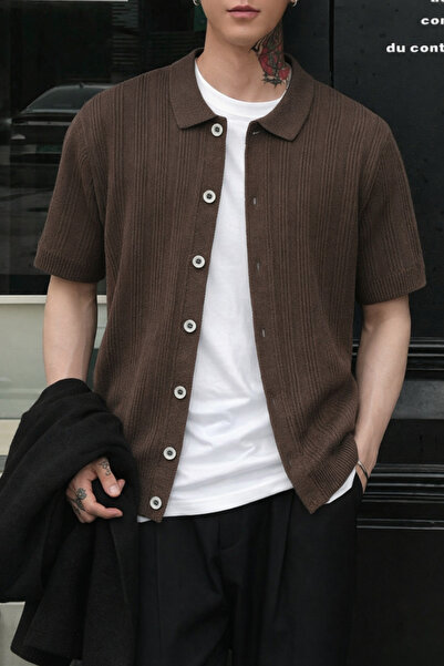 Tarz Cool قميص تريكو رجالي مخطط بياقة كارديجان صيفي بقصة مريحة