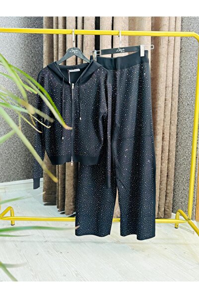 Lenur Boutique , İthal Taşlı Premium Triko Eşofman Takım Siyah/Beyaz