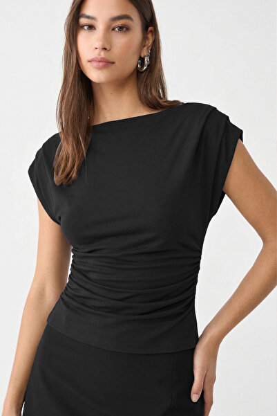 VODENS Μαύρη μπλούζα με ντραπέ λαιμόκοψη σκάφους, 97% βαμβάκι