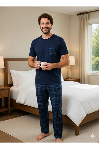 Sude HOMEWEAR Ανδρικό σετ πιτζάμες με κοντό μανίκι με καρό τσέπη