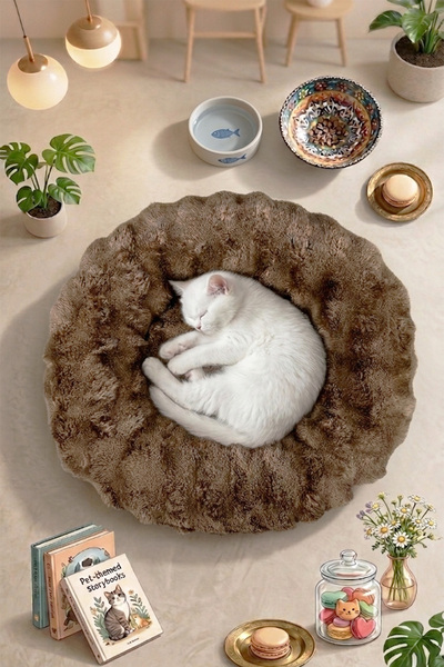 DEKOMOD Puffy Peluş Yumuşak Simit Yuvarlak Kedi Köpek Yatağı Minder Kahve