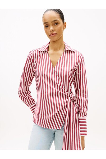 Tommy Hilfiger Kırmızı - Beyaz Kadın Çizgili Gömlek POPLIN KNOT BLOUSE WITH LS