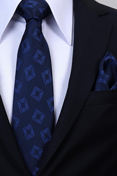 Esgue Χειροποίητη Γραβάτα 8 εκ. με Ρετρό Σχέδιο σε Ναυτικό Μπλε Χρώμα με Μαντήλι