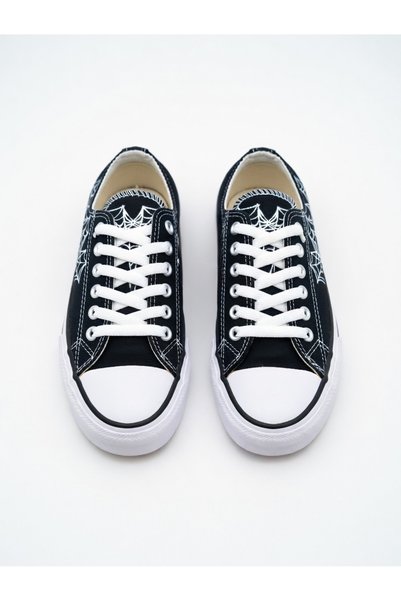 Lideral Unisex Black Spider Web Patterned Heart Spider Canvas Shoes Sneakers
