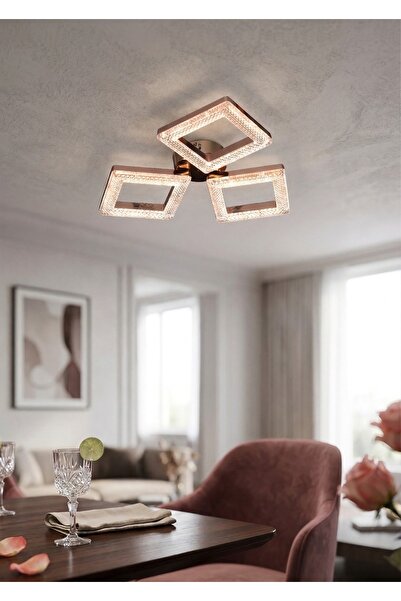 Lzy Avize Store Helios Kristal Kare 3’lü Krom Modern LED Avize 3 Renk | Salon...