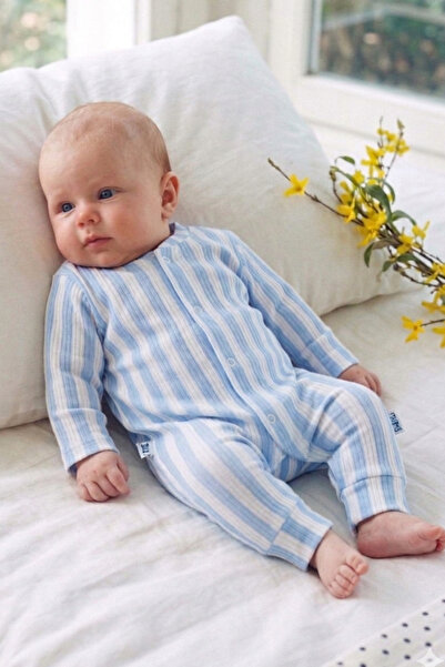 Rocha Baby Blue Striped Ribbed Snap Fastener Long Sleeve Baby Romper