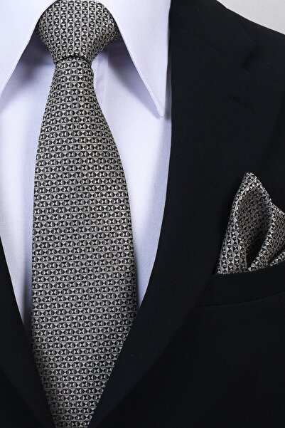 Esgue Χειροποίητη γραβάτα με μικροτριγωνικό σχέδιο, μαύρο-μπεζ χρώμα, 8 εκ.