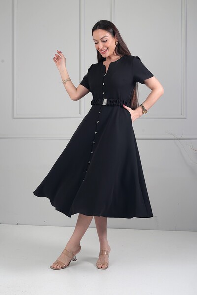 By Saygı Γυναικείο μίντι φόρεμα με μεταλλικά κουμπιά μπροστά, κοντά μανίκια κ...