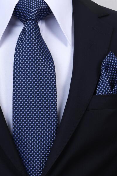 Esgue Hand Made 8 cm Square Patterned Navy Blue Color Handkerchief Tie