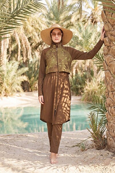 Haşema Vaha Collection Patterned Green 5-Piece Full Coverage Hijab Swimsuit S...