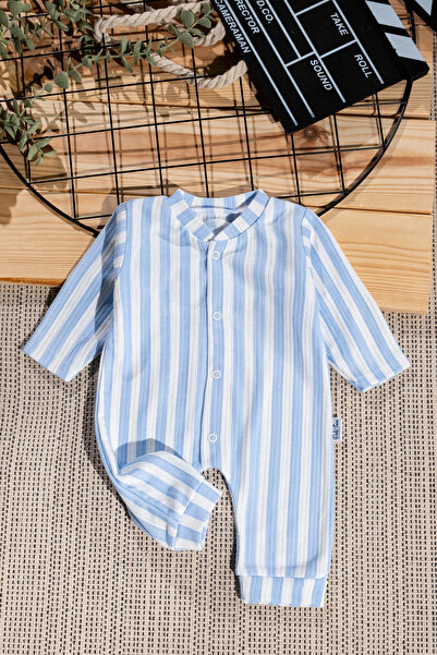 Rocha Baby Blue Striped Ribbed Snap Fastener Long Sleeve Baby Romper