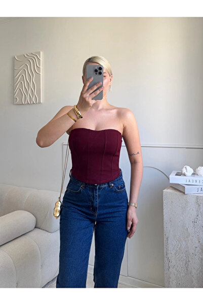 Zora Butik Biyeli Straplez Crop - BORDO