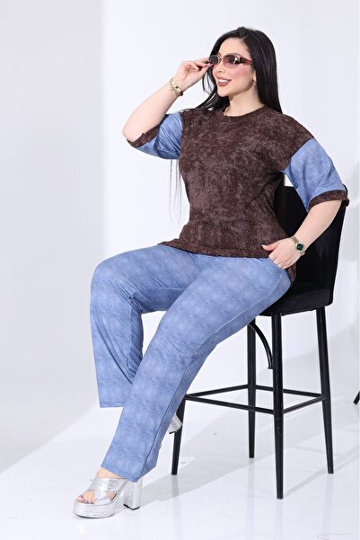 BONİTA FASHİON Plus Size Stone Printed Batik Pattern Cotton Fabric Tunic and Denim Printed Stretchy Trousers Premium Set
