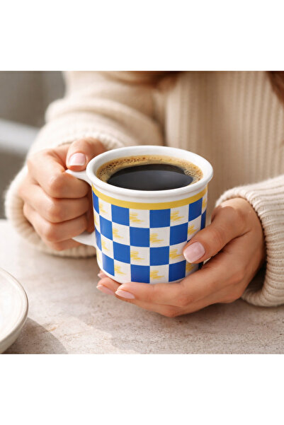 8 cm Porselen Kahve Kupası – Mavi Kare Desenli, Americano & Filtre Kahve Fincanı