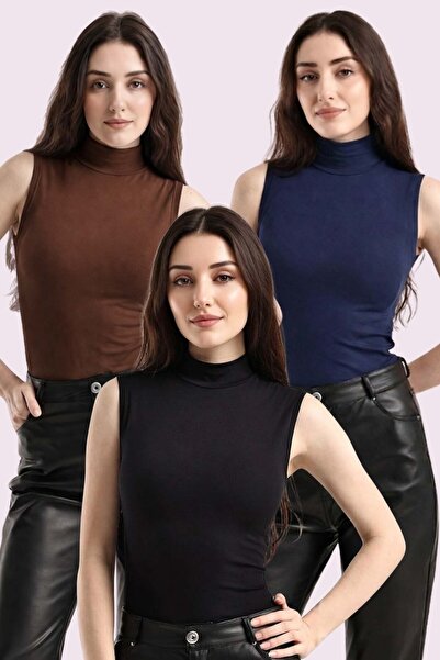 Trend Sizde Γυναικείο Σετ 3 τεμαχίων Αμάνικο Κορμάκι σε Μαύρο, Καφέ και Ναυτι...