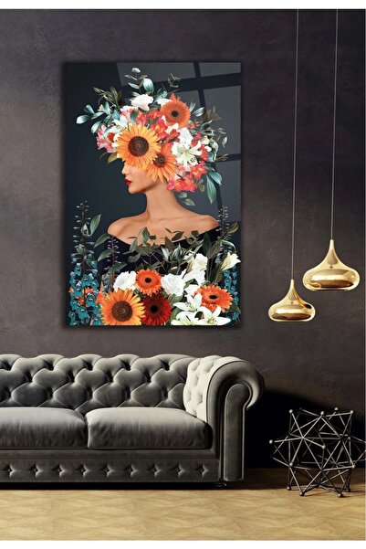 AR AJANS KANVAS TABLO Woman of Flowers Decorative Glass Painting