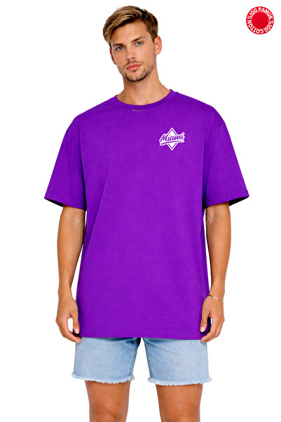 DUBU BUTİK Unisex Oversize Μωβ μπλουζάκι Miami με στάμπα 100% βαμβάκι Φαρδύ μ...