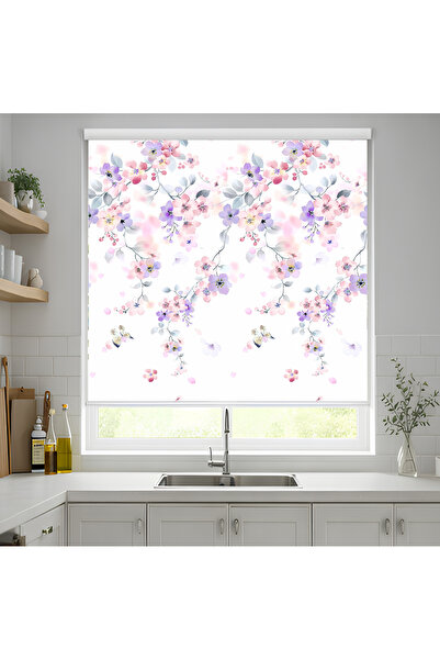 vanilyahome Zarif Pastel Çiçek Desenli Modern Baskılı Stor Perde