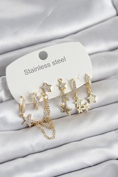Lisinya 316L Steel Gold Color Set of 6 Women's Earrings with Chain Star Model -
