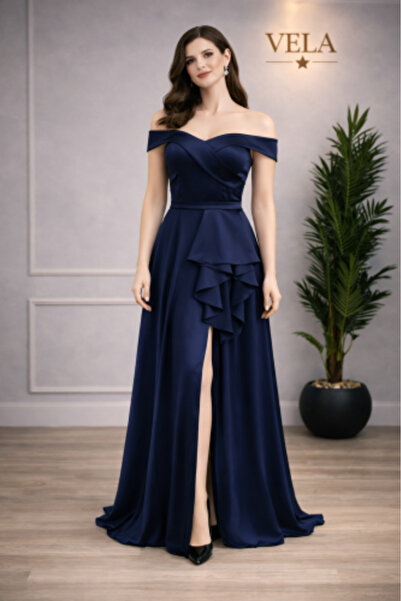 vela Royal Navy Blue Off Shoulder Evening Dress with Side Draping