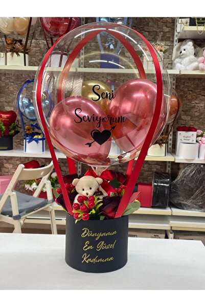 Aşk Kafesi Premium Kırmızı Gül & Kişiye Özel Şeffaf Balon