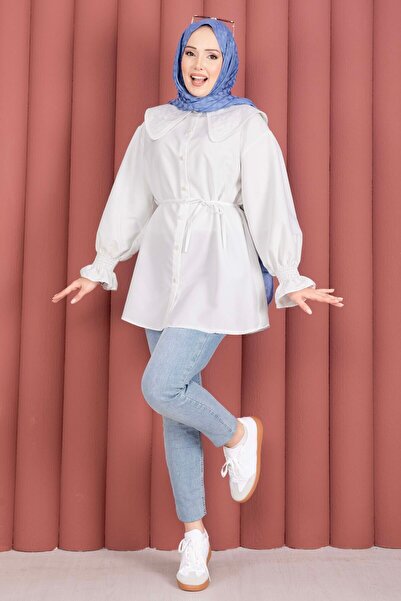 EBRUTESETTÜR Tunic with Embroidery Detail on the Collar and Lace-Up Waist in ...