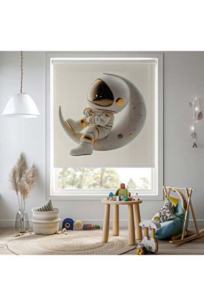 Home Erkek Odası - Ayda Oturan Astronot Bebek Odası Stor Perde