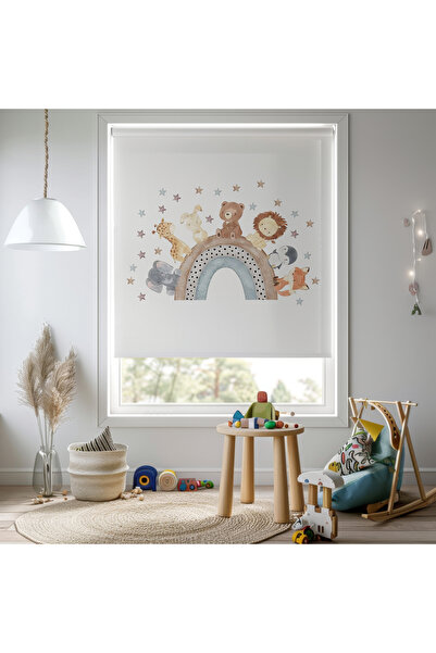 Home Kız ve Erkek Odası - Sevimli Hayvanlı Gökkuşağı Baskılı Stor Perde