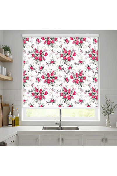 Home Vintage Pembe Gül Desenli Dekoratif Stor Perde