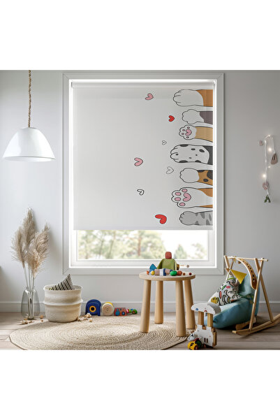 vanilyahome Kız ve Erkek Odası - Sevimli Kedi Patileri Desenli Baskılı Stor P...