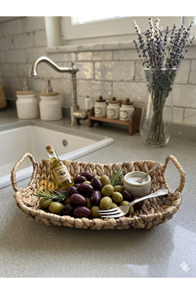Ahşap Evi El Yapımı Hasır Kulplu Oval Tepsi 29 Cm Sepet Sunum
