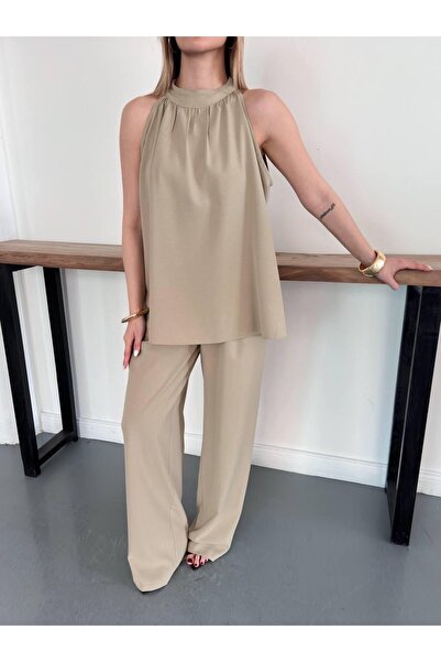 Ekim Store Σετ Μπλούζας και Παντελονιού με Λεπτομέρεια Δέσιμου στον Λαιμό