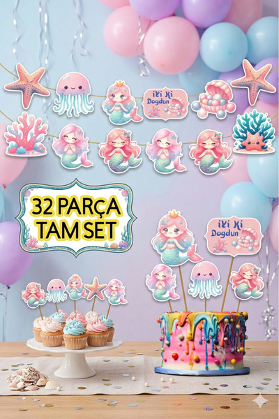 abjad Kuromi-32Parça Tatlı Denizkızı Deniz Dev Doğum Günü Süsü Banner Pasta K...