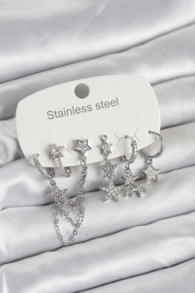 Lisinya 316L Steel Gold Color Set of 6 Women's Earrings with Chain Star Model -
