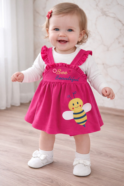 BİANCOFİGLİO ARI DESENLİ KIZ BEBEK ELBİSE 0-1 YAŞ İÇİ BADİLİ JİLE ELBİSE