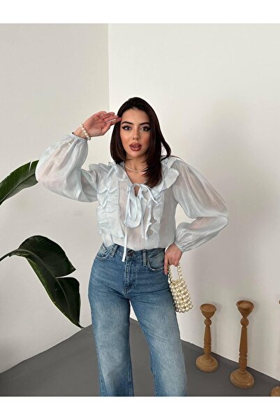 Ekim Store Μπλούζα από τούλι με βολάν και λαιμόκοψη V