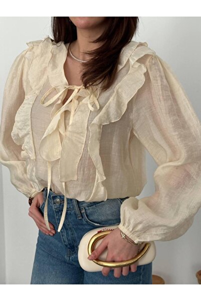 Ekim Store Μπλούζα από τούλι με βολάν και λαιμόκοψη V